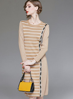 Fashion Striped High Waist Bottoming Midi Dress