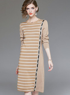 Fashion Striped High Waist Bottoming Midi Dress