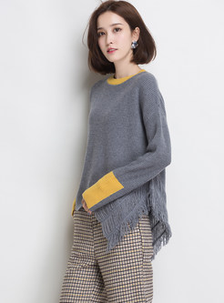 Color-blocked O-neck Long Sleeve Irregular Sweater