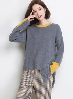 Color-blocked O-neck Long Sleeve Irregular Sweater