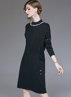 Fashion Black Long Sleeve Drilling Sweater Dress