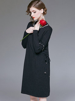 Fashion Black Long Sleeve Drilling Sweater Dress