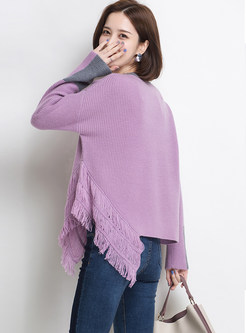 Chic Color-blocked Loose Tassel Pullover Sweater
