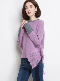 Chic Color-blocked Loose Tassel Pullover Sweater
