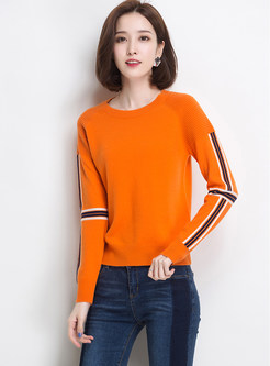 Color-blocked O-neck Long Sleeve Pullover Slim Sweater