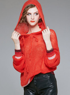 Stylish Mohair Hooded Drawstring Knitted Hoodies