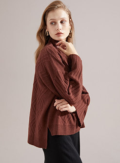 Pure Color High Neck Flare Sleeve Asymmetric Sweater