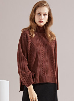Pure Color High Neck Flare Sleeve Asymmetric Sweater
