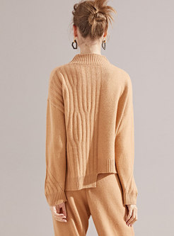 Chic High Neck Hollow Out Asymmetric Hem Loose Sweater