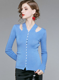 Casual Pure Color Single-breasted Knitting Sweater