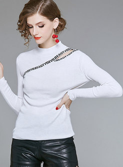 Chic White Letter Detail Off Shoulder Knitted Sweater