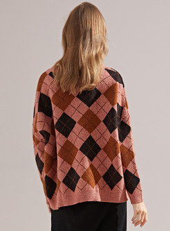 Plaid O-neck Loose Knitted Sweater