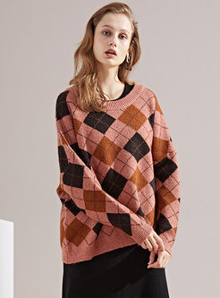 Plaid O-neck Loose Knitted Sweater