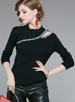 Chic Letter Detail Off Shoulder Knitted Sweater