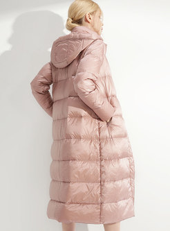 Trendy Dirty Pink Hooded Long Down Coat With Pockets