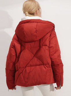 Fashion Red Hooded Drawstring Thicken Down Coat