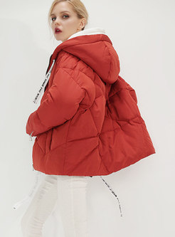Fashion Red Hooded Drawstring Thicken Down Coat
