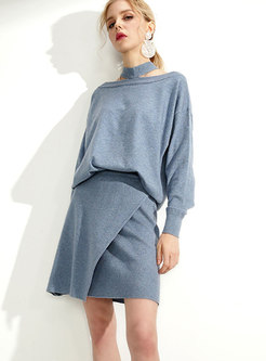 Chic Solid Color Wool Top & Wrap Mini Knitted Skirt