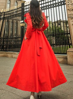 Chic Red Turn Down Collar Belted Hem Trench Coat