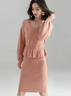 Elegant Solid Color Knitted Slip Dress & V-neck Gathered Waist Slim Sweater