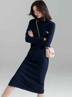 Brief Solid Color High Neck Side-slit Knitted Dress
