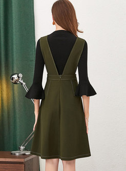 Brief Black Flare Sleeve Top & Green Strap A Line Dress