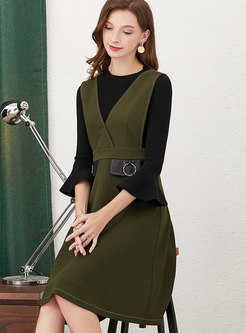 Brief Black Flare Sleeve Top & Green Strap A Line Dress