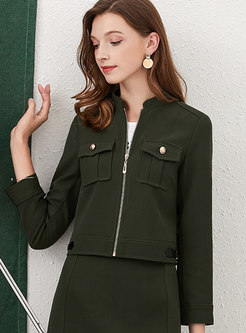 Brief Green Standing Collar Long Sleeve Stitching Coat