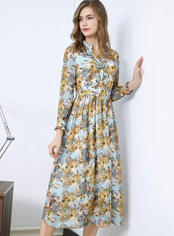 Fashion Standing Collar Chiffon Printed Maxi Dress