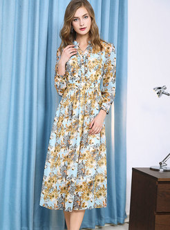 Fashion Standing Collar Chiffon Printed Maxi Dress