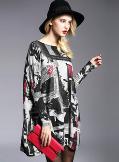 Autumn Slash Neck Plus Size Print Pullover Sweater