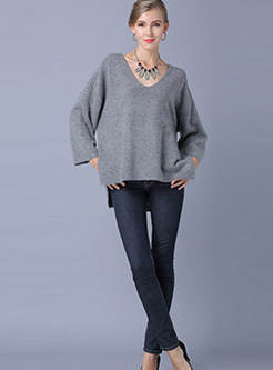 Loose V-neck Long Sleeve Slit Asymmetric Sweater