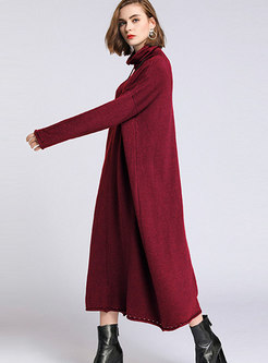 Casual Wine Red Turtle Neck Straight Sweater Dress