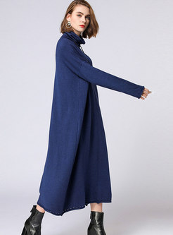 Casual Blue Turtle Neck Straight Knitted Dress