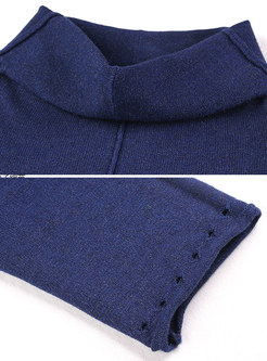 Casual Blue Turtle Neck Straight Knitted Dress