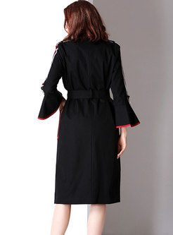 Chic Flare Sleeve Hit Color Gathered Waist Trench Coat
