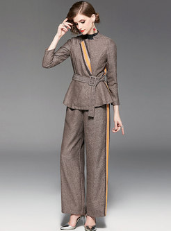 Chic Stand Collar Belted Top & Elastic Waist Color-blocked Straight Pants