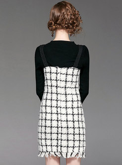 Black O-neck Slim Knitted Top & Grid Tassel Slip Sheath Dress