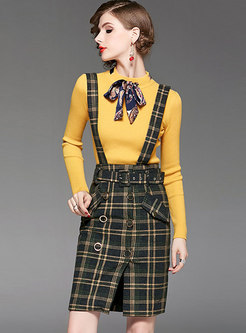 Elegant O-neck Bowknot Slim Sweater & Plaid High Waist Slit Suspender Skirt