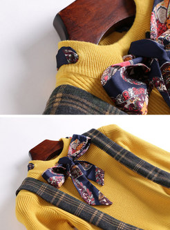 Elegant O-neck Bowknot Slim Sweater & Plaid High Waist Slit Suspender Skirt