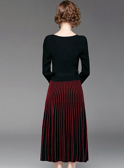 Chic Striped Splicing V-neck Tied-waist Slim Knitted Dress