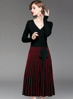 Chic Striped Splicing V-neck Tied-waist Slim Knitted Dress