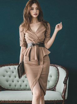 V-neck Three Quarters Sleeve Fake Two Piece Outfits