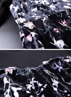 Stylish Velvet Splicing Print High Waist Skater Dress