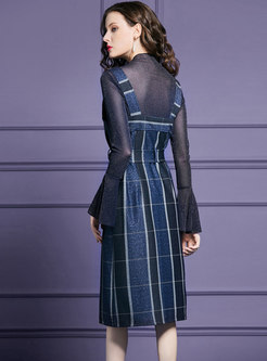 Pure Color Flare Sleeve Slim Top & Plaid Zipper Belted Suspender Dress