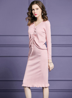 Solid Color V-neck Slim Top & Elastic Waist Slim Knitted Skirt