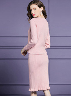 Solid Color V-neck Slim Top & Elastic Waist Slim Knitted Skirt