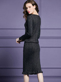 Elegant V-neck Slim Top & Elastic Waist Slim Knitted Skirt