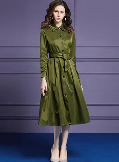 Army Green Lapel Belted Single-breasted Coat