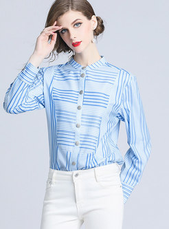 Brief Blue Standing Collar Single-breasted Blouse